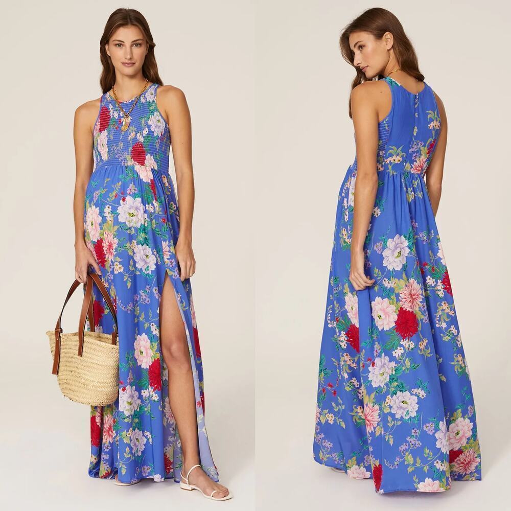 Yumi Kim Whitney Maternity Dress Floral Sleeveless Smocked Maxi A-Line Blue L